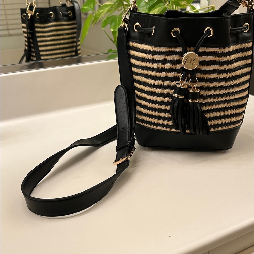 Anne Klein Black and Cream Straw-Style Bucket Crossbody Bag
